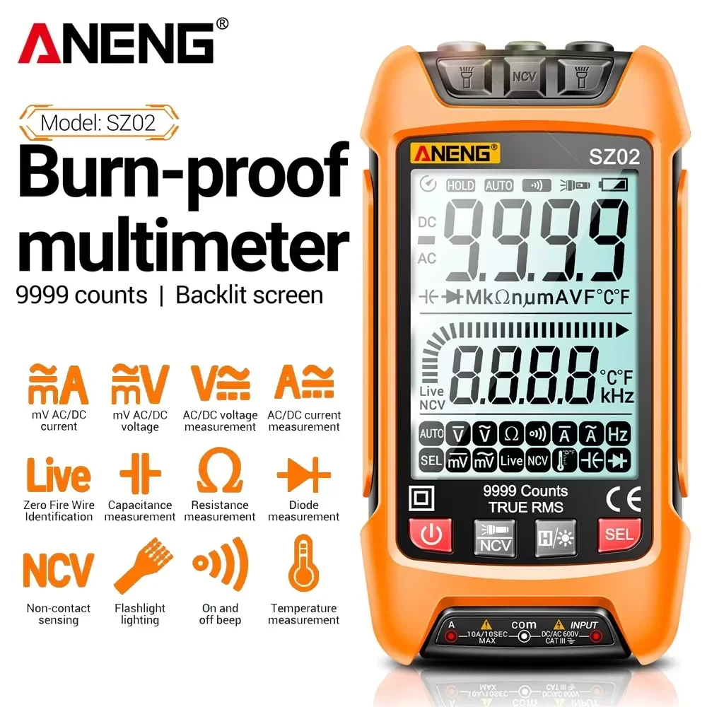 

ANENG SZ02 Digital Multimeter Smart 9999 Counts Auto AC Voltage Capacitance Meter Temp Resistance HZ Multifunction Test tools