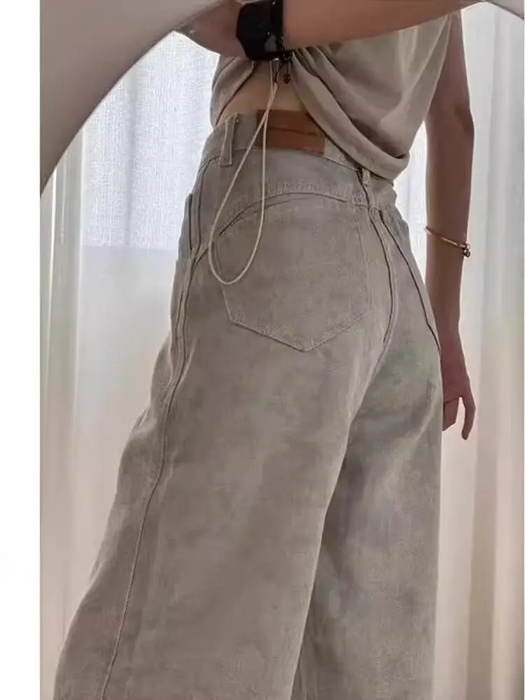 Y2K – jean rétro américain pour femmes, taille haute, jambes larges, imprimé de teinture fine, petit Design, pantalon en Denim droit, été