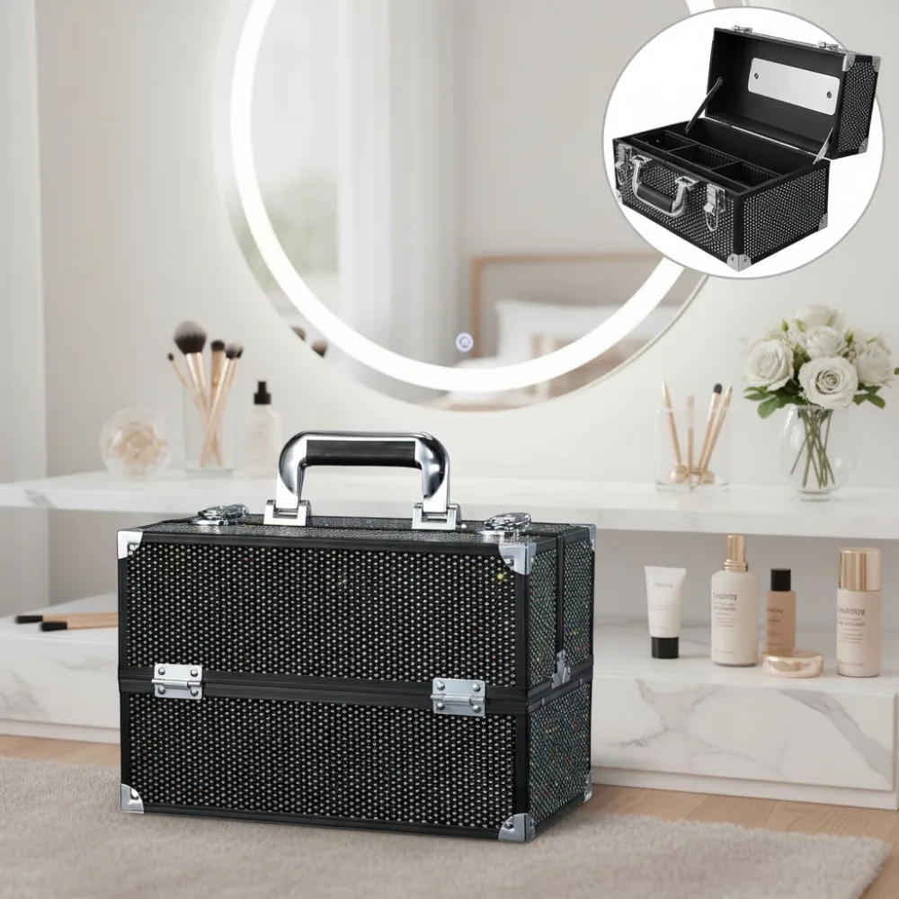 12.6 Inch Large Makeup Train Case with 4 Trays, Lockable Cosmetic Storage Organizer Box for Travel & Home Use