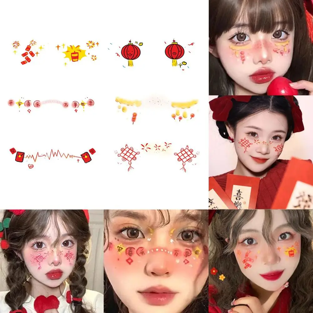 New Year Temporary Face Tattoo Sticker New Year Cute Lantern Waterproof Face Stickers Makeup Tattoo Painting Stickers N8O3