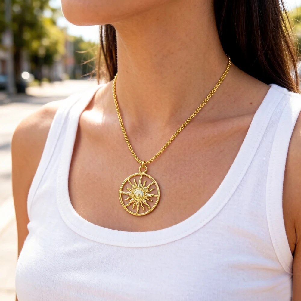 Pendant Necklace Gold Color Sun,Link Chain Fashion Ethnic Jewelry Europe Style 925 Stering Silver Bijoux Gift For Men Women