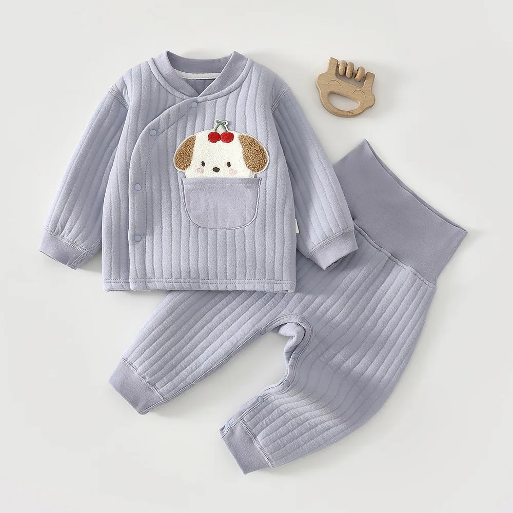 秋冬用2ピースセット-ベビーコットン-クリップ厚手-ハイウエストパンツ-長袖セット-0-3歳向け-漫画柄ベビーセット