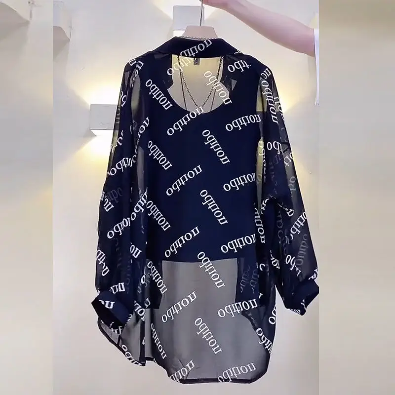 Women Letter Print Sexy Thin Sheer Button Up Shirt Summer Fashion Sunscreen Oversized Blouse Casual Long Sleeve Streetwear Tops