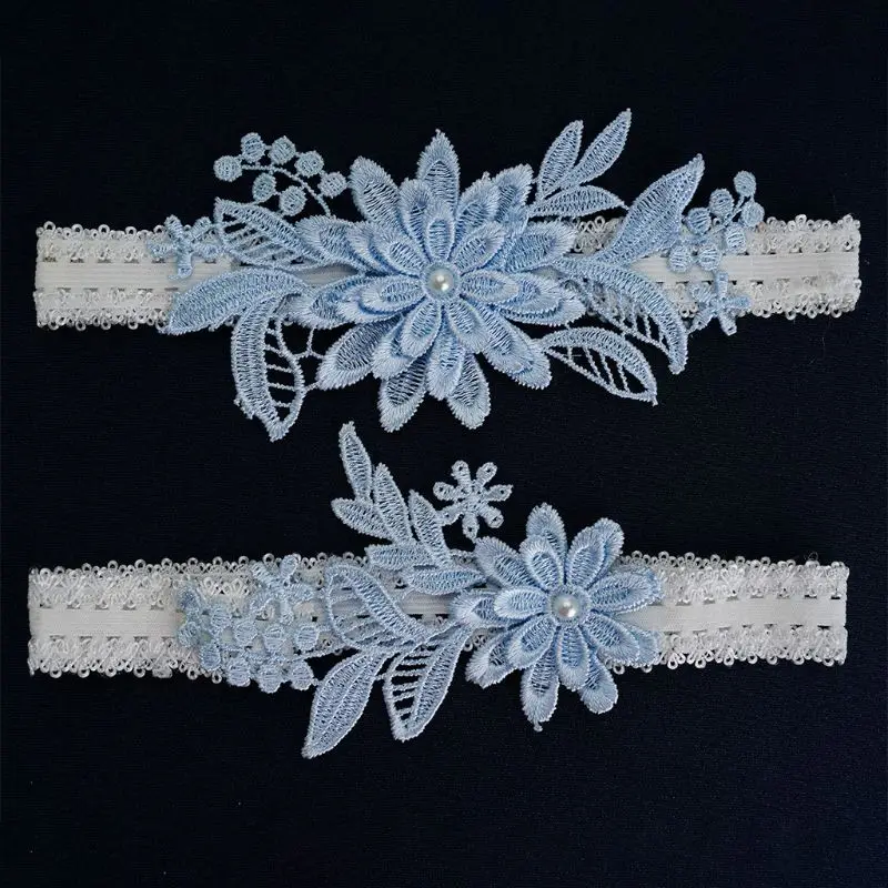 

Womens Bridal Stretch Lace Thigh Rings Set for Sky Blue Embroidered Flower Appli