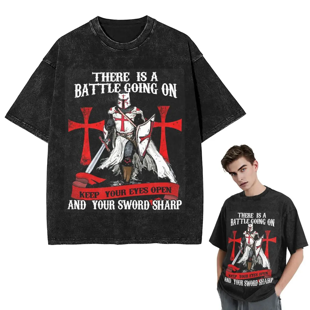 T-Shirts Knights Templar Cross Shield Symbol Medieval Sword Emblem Secret Order Washed T Shirt Short Sleeve Hip Hop T-Shirt