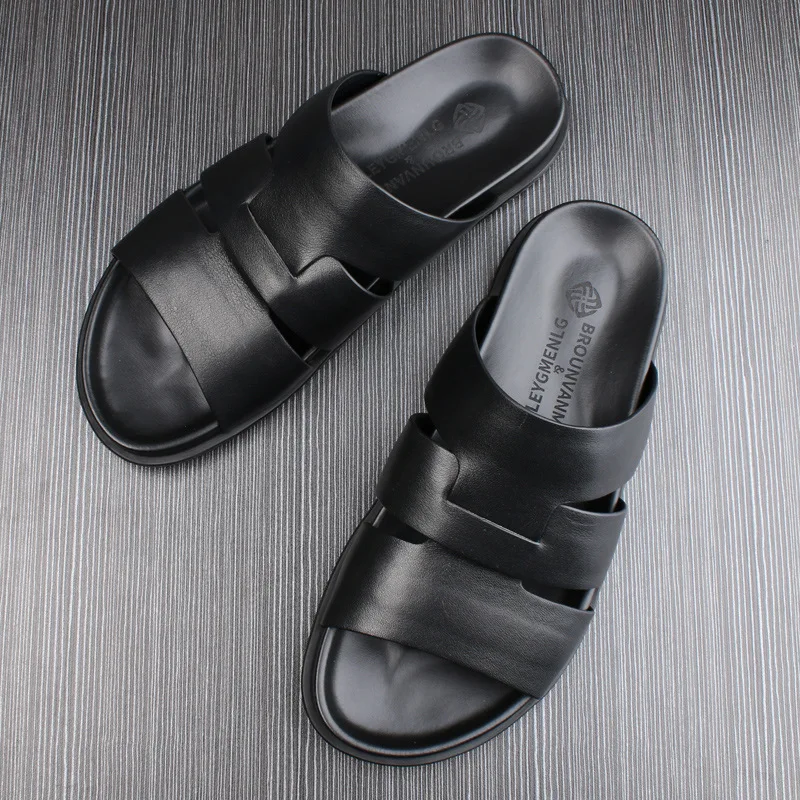 

New Mens Casual Summer Shoes Beach Slippers Stylish Male Genuine Leather Outdoor Daily Beach Flats Lightweight Men's Slides