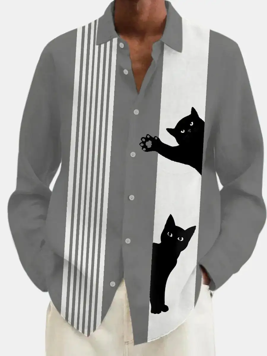 2024 Men\'s Kitten Stripe Print Long Sleeve Shirt Fashion Design Luxury Long Sleeve Tops Men\'s Four Seasons Button Lapel Shirt