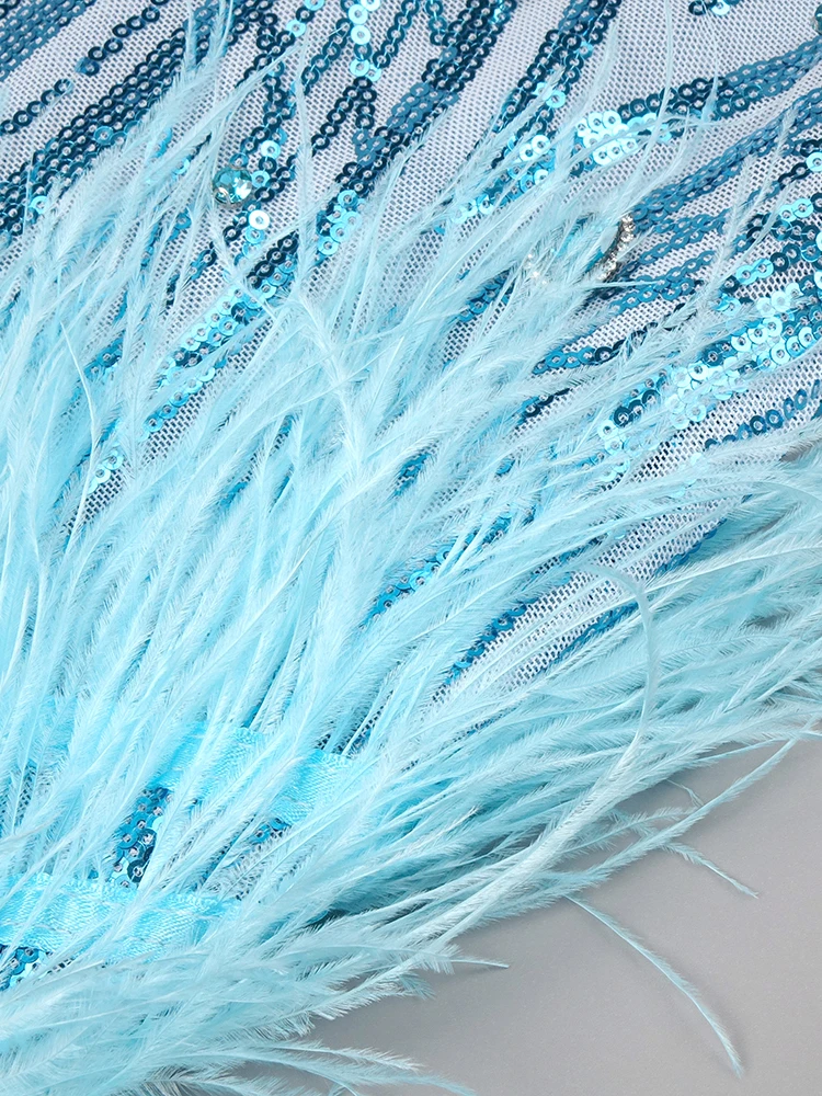 Party Dress Night Club Wear Baby Blue Feather Short Prom Dress Diamond Sequins Glitter V Neck Mini Birthday Cocktail