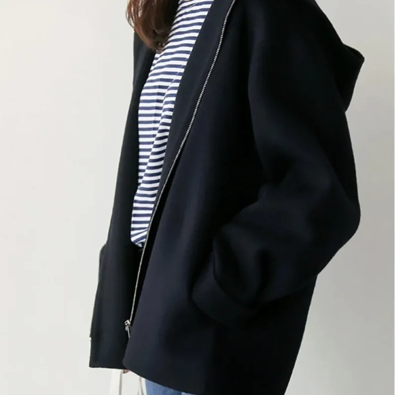 

Hooded Woolen Coat Women 2025 Autumn Winter New Korean Edition Version Loose Solid Color Fashion Casual Wool Jacket Y2k
