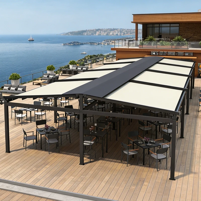Motorized Retractable Awning Aluminum Alloy A Frame Pergola with Waterproof PVC Fabric Commercial Grade Electric Sun Shade