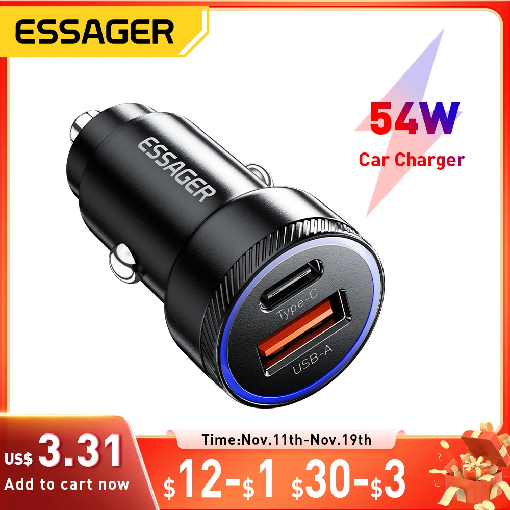 

Essager 54W USB Car Charger 5A Fast Charing QC 3.0 PD 3.0 SCP AFC USB Type C Car Phone Chargers For iPhone Huawei Samsung Xiaomi