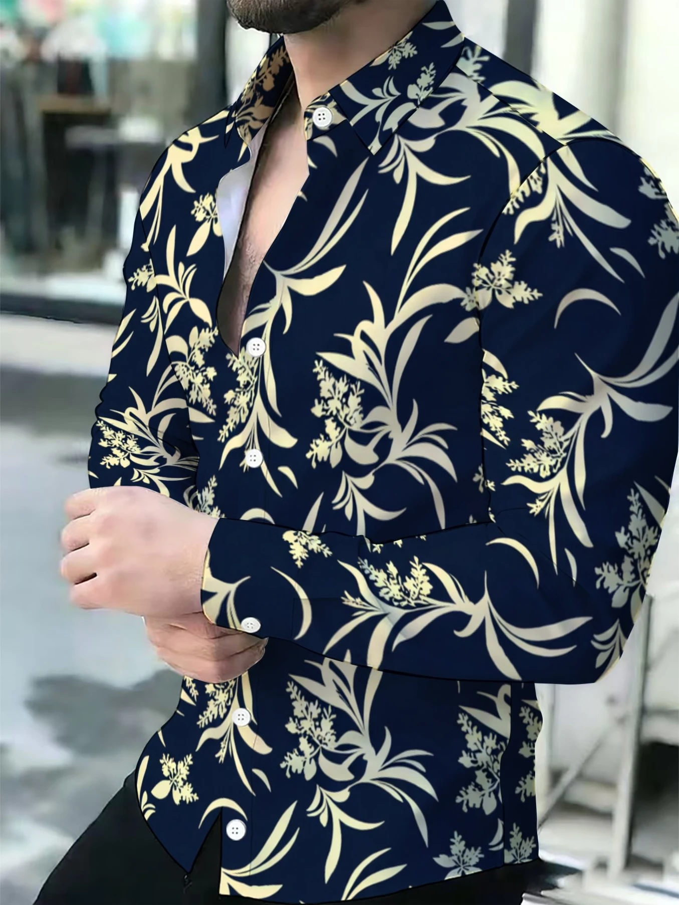 Men Long-Sleeve Button-Down Shirt Navy Base Golden Leaf Floral Print Polyester Lapel Collar Casual Top