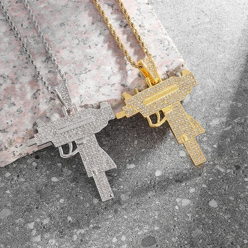 Hip Hop Bling Iced Out Submachine Gun Pendant Necklace for Men Hip Hop Rock Street Party Cool Jewelry