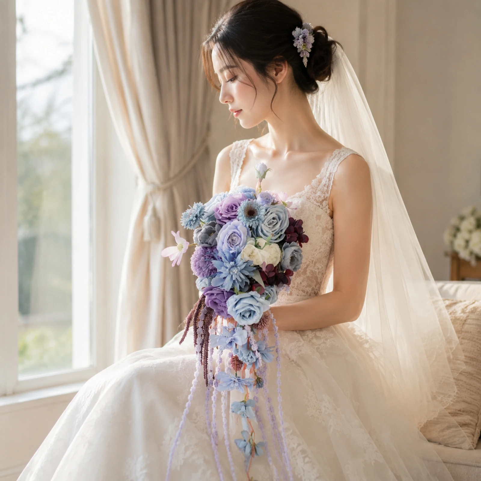 Cascading Bridal Hand Bouquet Non-Fading Silk Flower Bridal Bouquet with Trailing Stems Ready-to-Carry Low-Maintenance