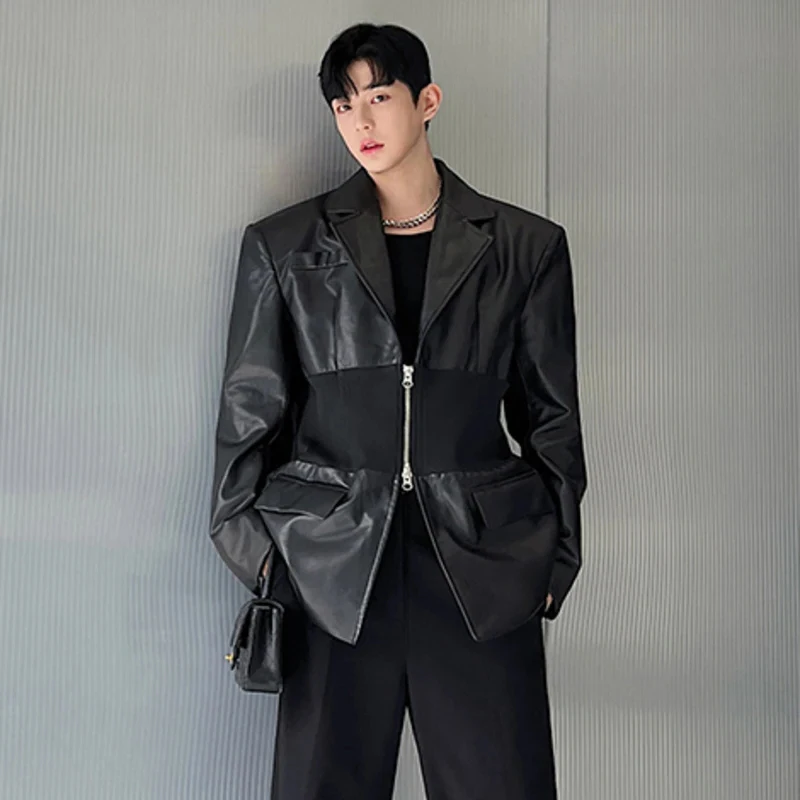 LUZHEN New Trendy Men\'s Knitted Splicing Design Leather Blazers Coat Double Zipper Shoulder Pad Suit Jacket High Street 9fa8a4