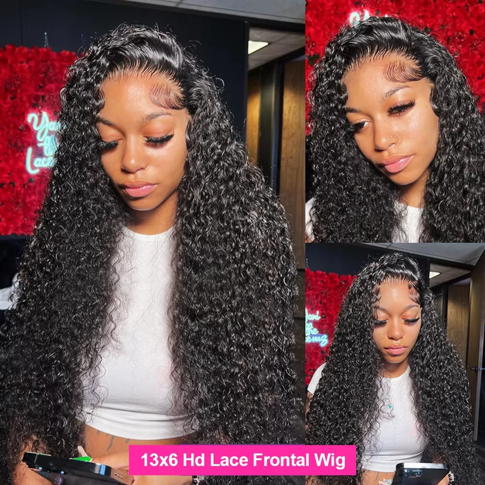 Peruca Frontal de Renda HD 13x6 com Cabelo Humano Cacheado Ondulado Profundo 220% Densidade, Pré-Alongada, 30-40 Polegadas, Cor Natural, Efeito Molhado e Ondulado, para Mulheres Negras