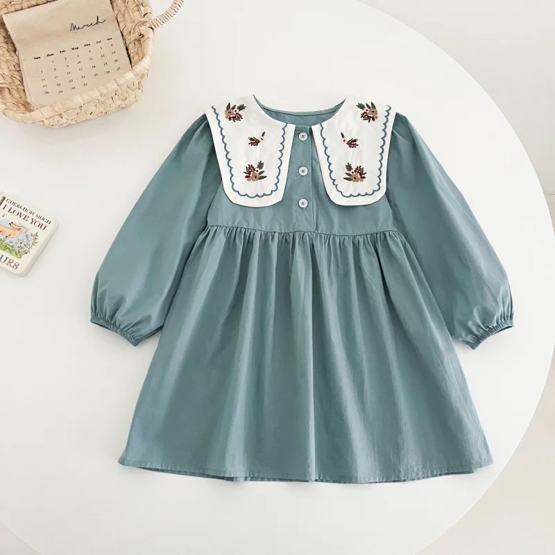 

Girls' Spring Dress New Style Children's Fashionable Large Collar Long Sleeve Princess Dress Embroidered Forest Style for Baby G