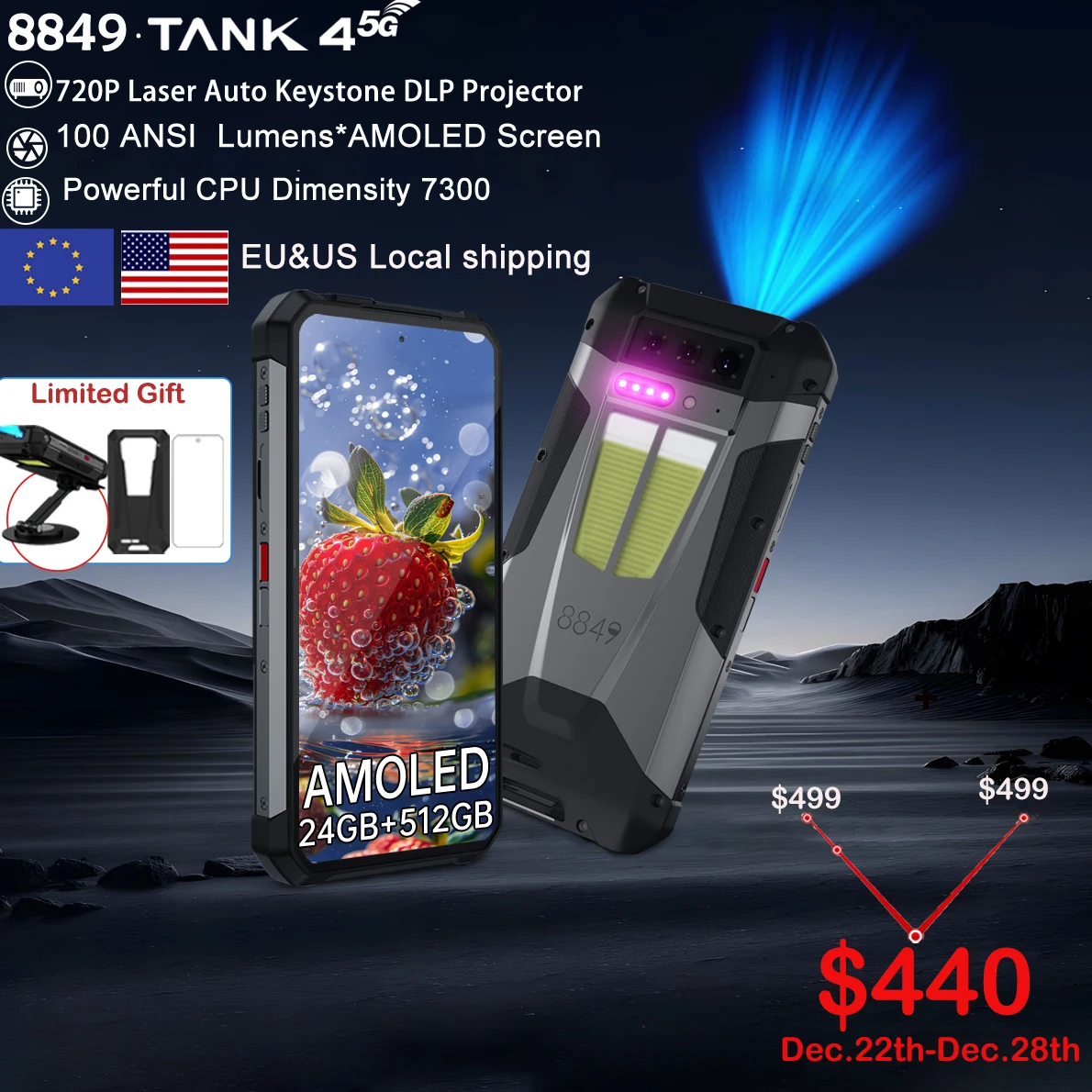 8849 Tank 4 Unihertz 5G Rugged Smartphone Projector 720P 100 Lumen 6.78'' AMOLED 512G Android14 11600mAh Dimensity 7300 120Hz