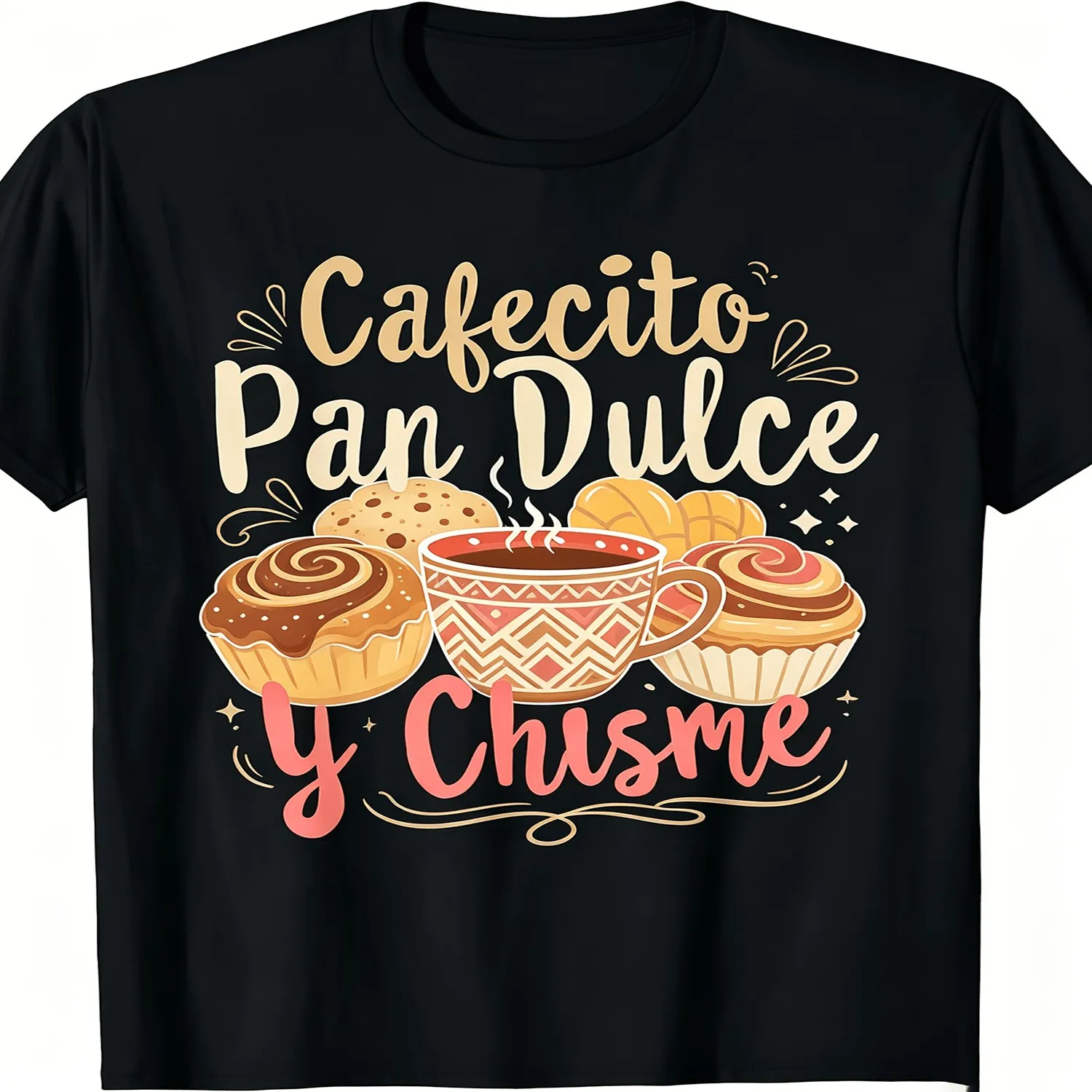 Hispanic Mexican Cultural T-Shirt - 180g Round Neck Tee with Concha Bread, Cafecito Coffee Sweet Bread - Casual Casual Attire Suitable for, Machine Washable Mexican Apparel Casual T-shirt, Minimalist Tee,