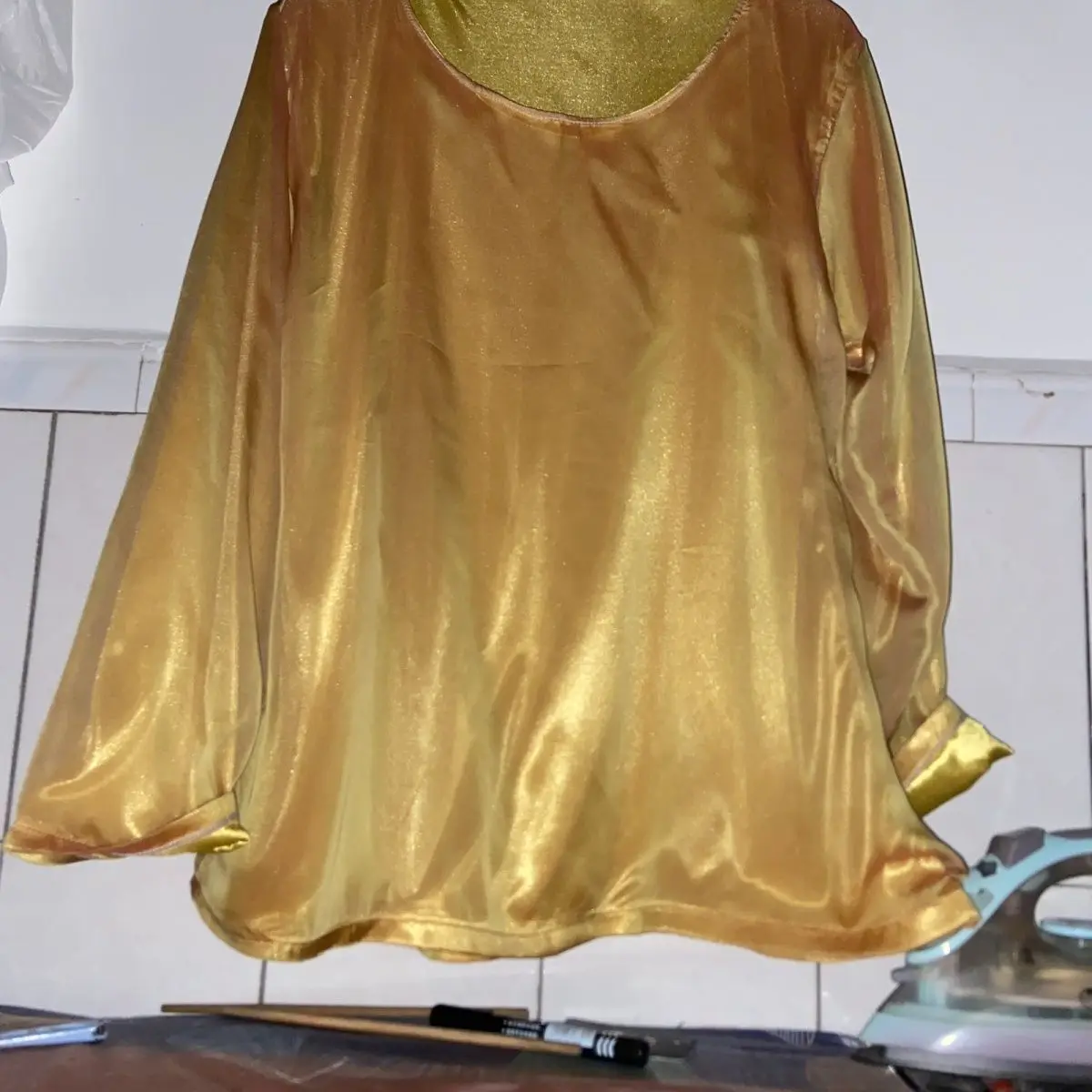 Gold voile outside ice silk inside glossy pajamas top Autumn winter plus size t shirt