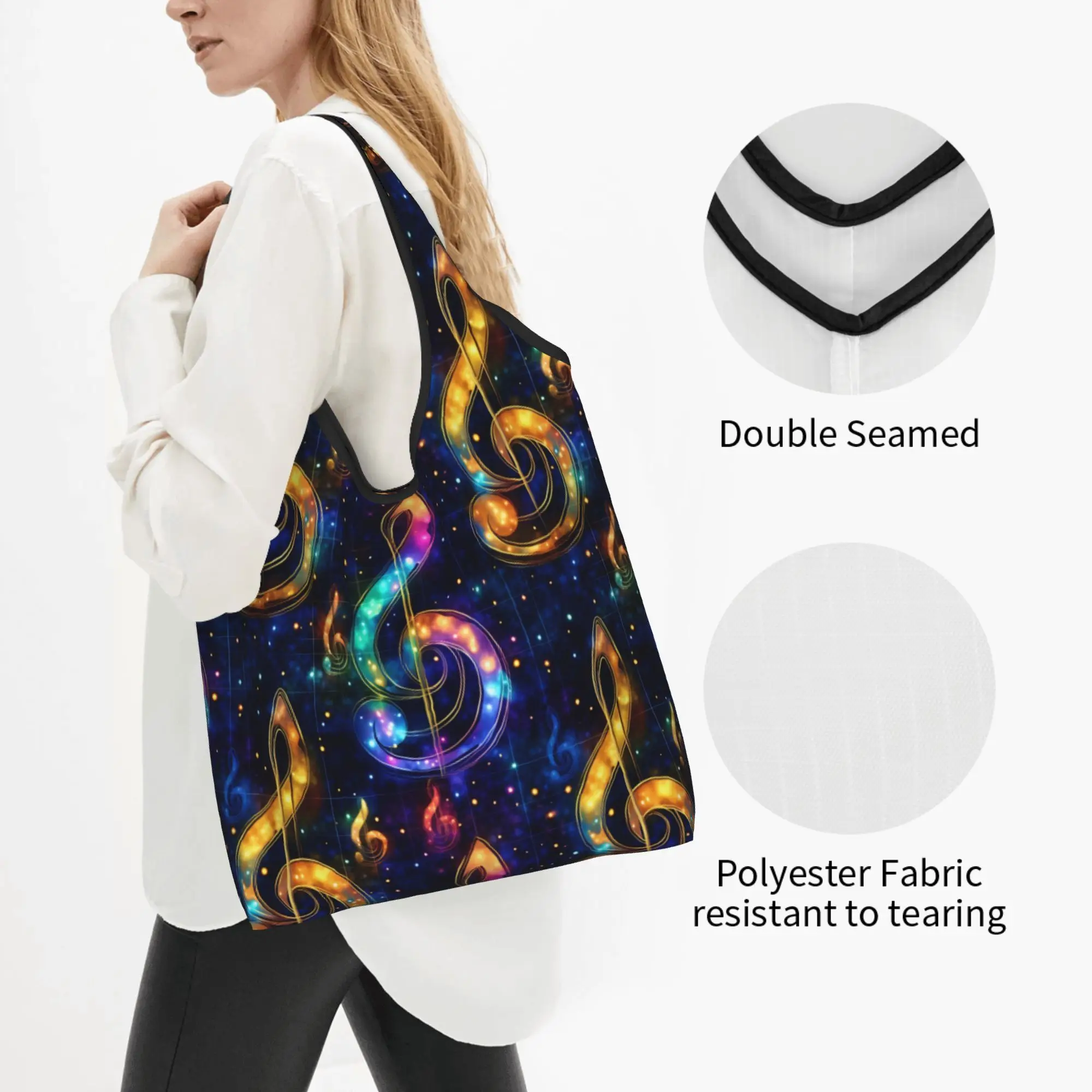 Fashion Classy Music Notes  Shopping Tote Bags Portable Treble Clef Neon Light Musical  Groceries Shopper Shoulder Bag