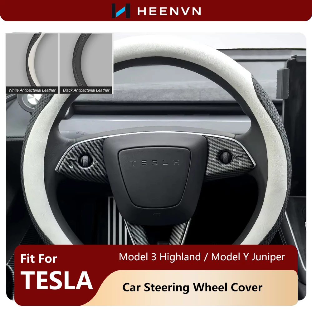Genuine Leather Car Steering Wheel Cover D Shape 36cm  Fit For Tesla Model 3/Y Anti-slip Auto Steering Protector Black White