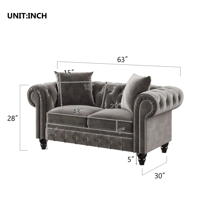 Juego de sofás Chesterfield moderno, sofá de dos plazas con respaldo tapizado de terciopelo con botones y brazo enrollable para sofá de 3 asientos