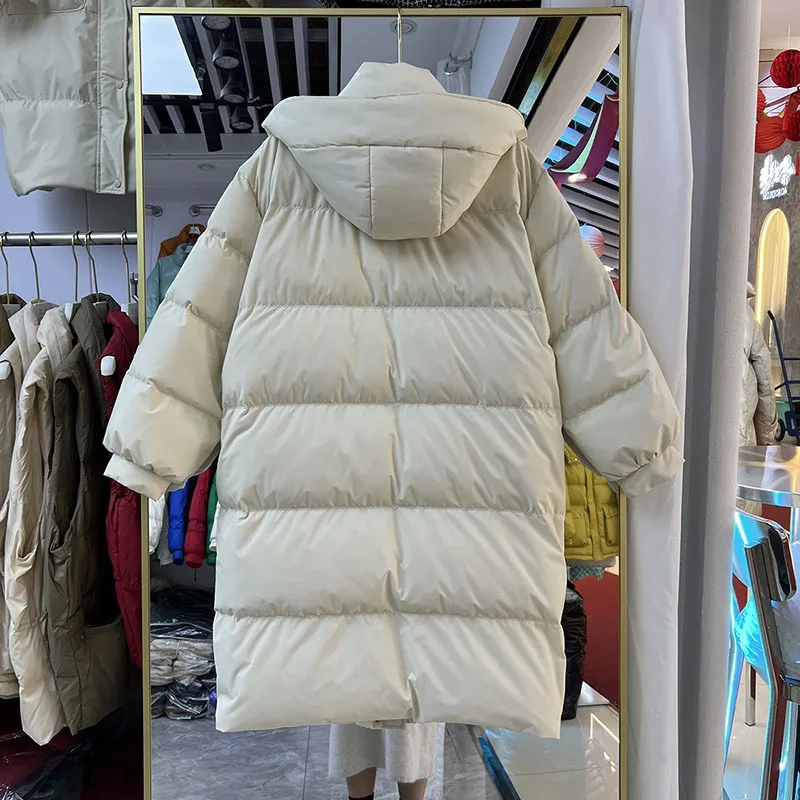 Chaqueta de plumón de pato blanco para mujer, ropa de calle coreana larga, suelta, gruesa, con capucha, abrigo cálido de plumón 2023