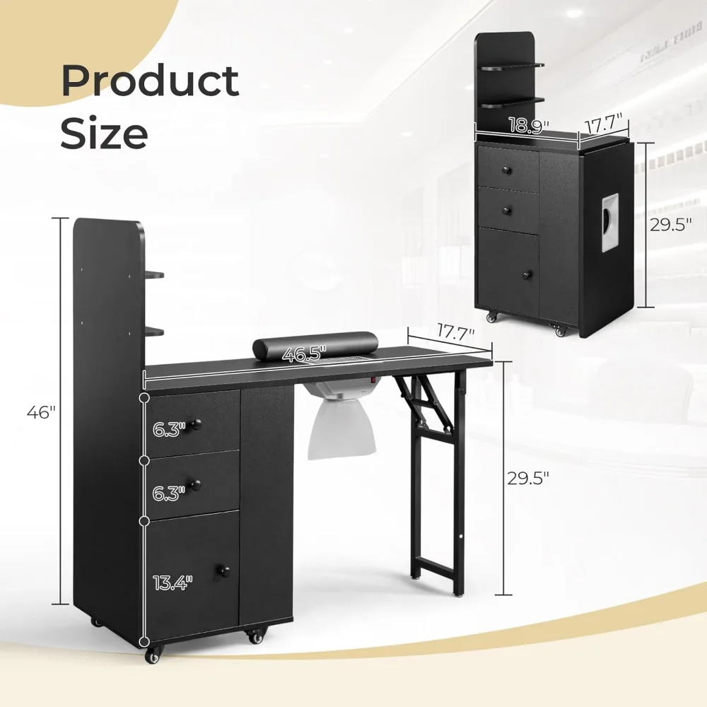 

Foldable Manicure Table for Nail Tech, Nail Desk Station Makeup Beauty Salon Storage Table w/2 Open Shelves