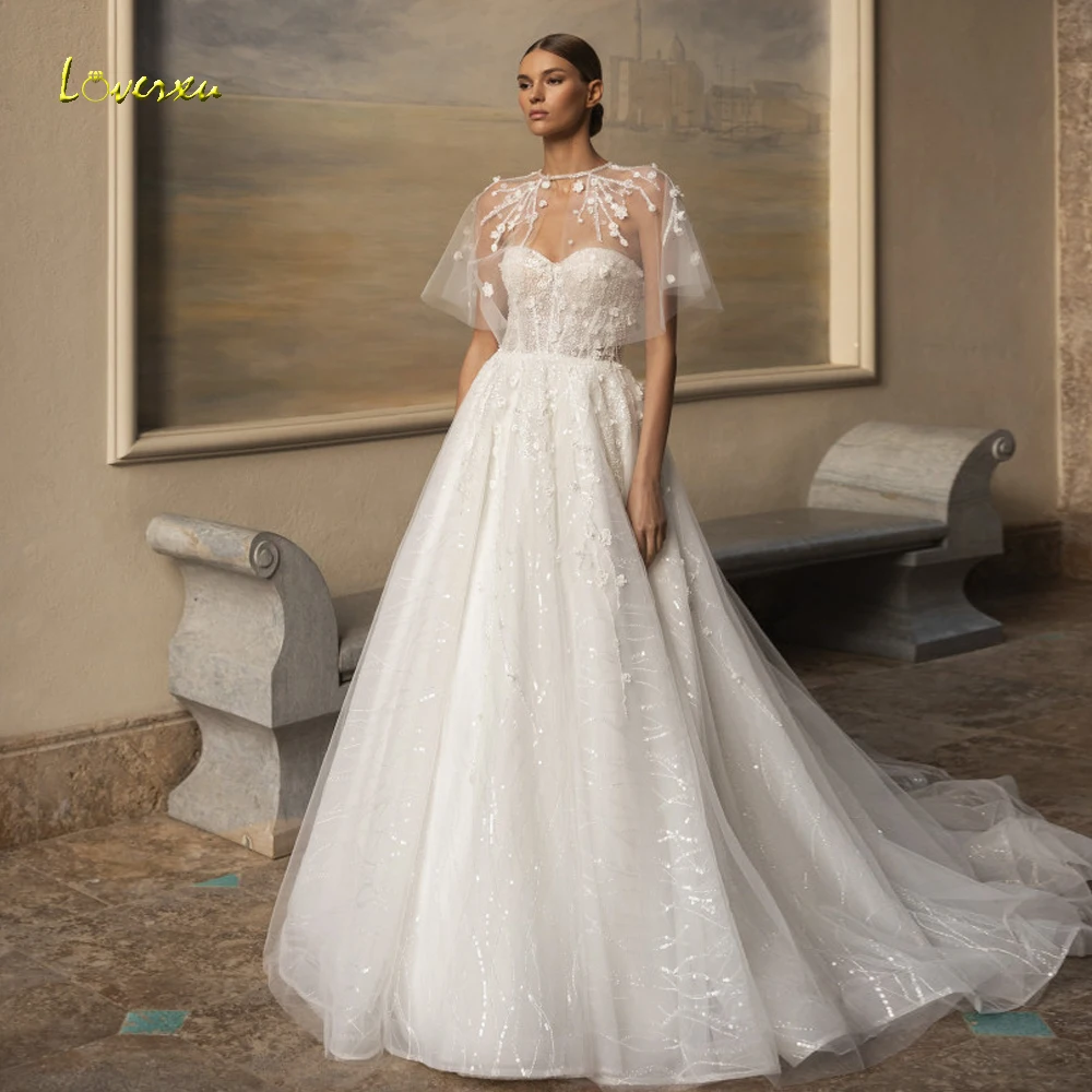 

Loverxu A-Line Illusion Wedding Dresses Strapless With Jacket Vestido De Novia Lace Embroidery Stunning Custom Made Bridal Gown