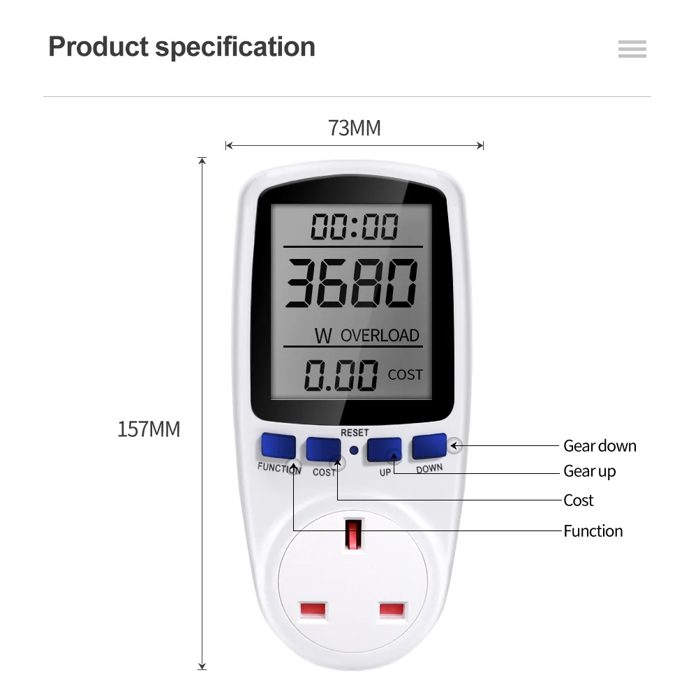 Imagem -06 - Medidor de Energia Digital com Lcd Soquete do Wattmeter Potência Kwh Energia ue Reino Unido Eua au Plug Tomada de Medição Analisador ac 220v