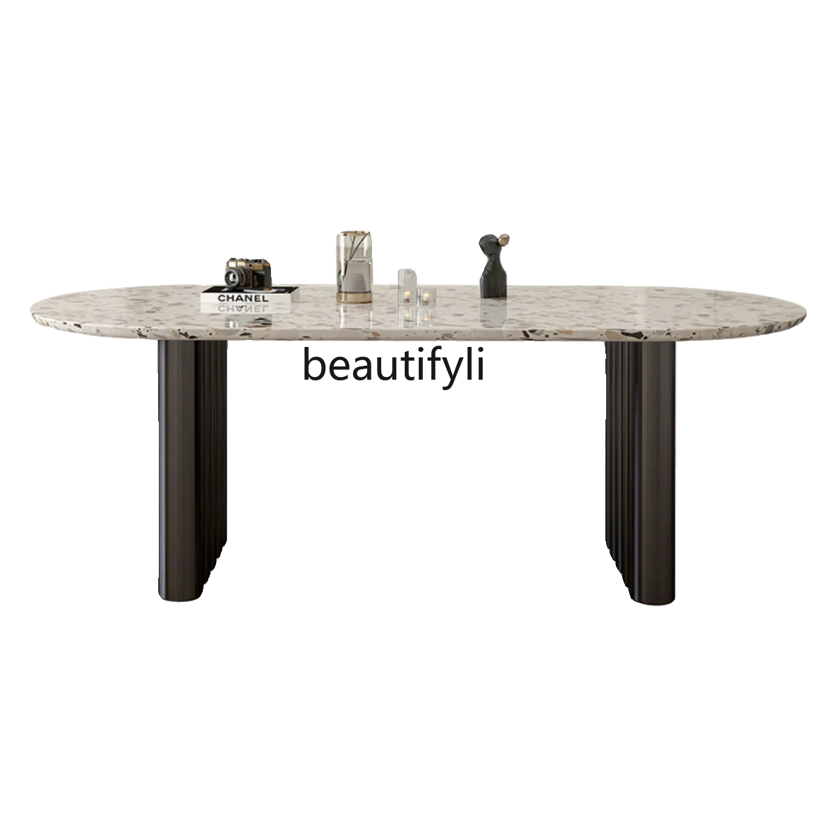 

French terrazzo marble dining table Modern light luxury oval cream style simple table