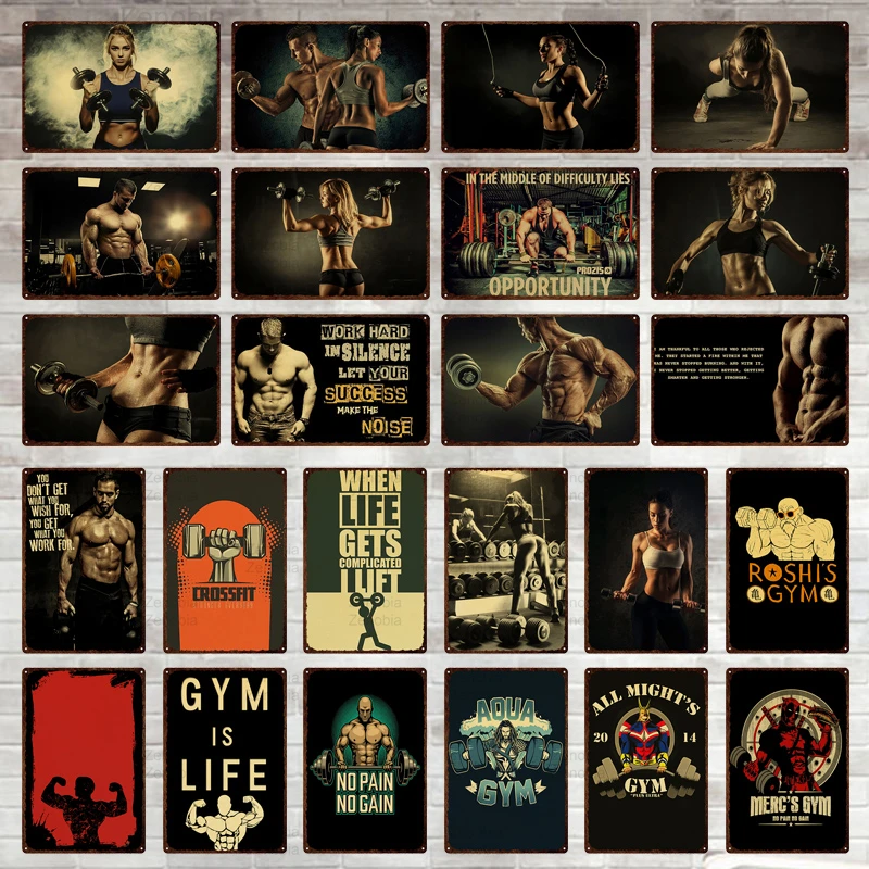 Muscle Bodybuilding Metal Poster Sign Vintage Fitness Motivational Quotes Iron Painting Wall Art Pictures Home Gym Office Decor