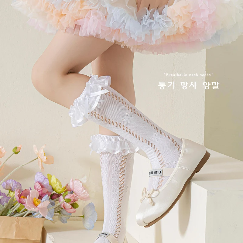Charming Girls European Vintage Long Stockings Side Hollow Out Jacquard Craft Silk Ribbon Bow Lace Ruffle Soft Stretchy Hosiery view 2