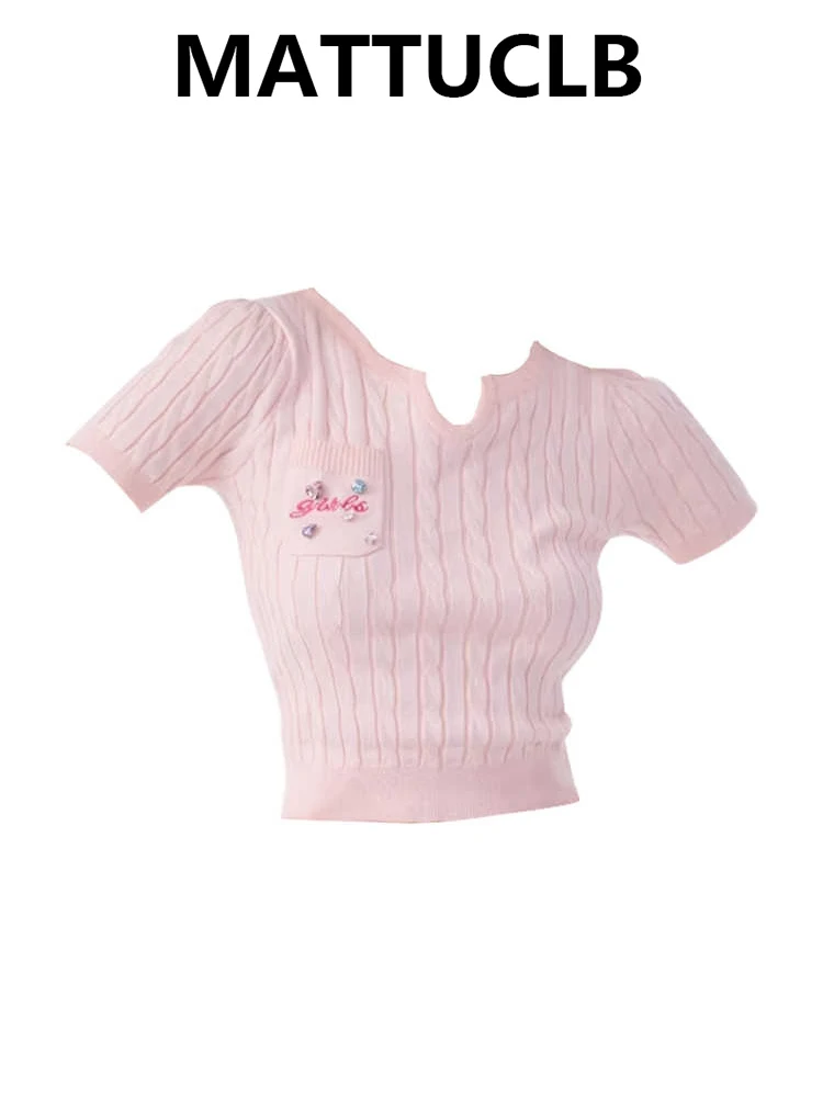 

Летние женские вязаные укороченные топы Y2k, корейские футболки с короткими рукавами, милые футболки 2000-х годов, Kpop High Street Gyaru, кокетка с вышивкой