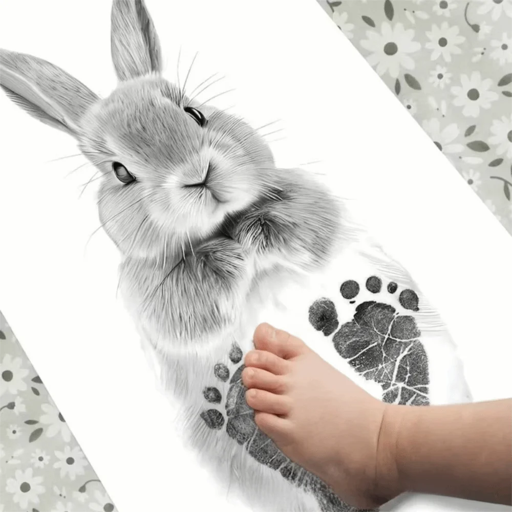 

Набор для творчества: Подвесной свиток с отпечатками детских лапок, с принтом кролика, памятная картина на холсте на годовщину первого года жизни ребенка, деревянная коробка