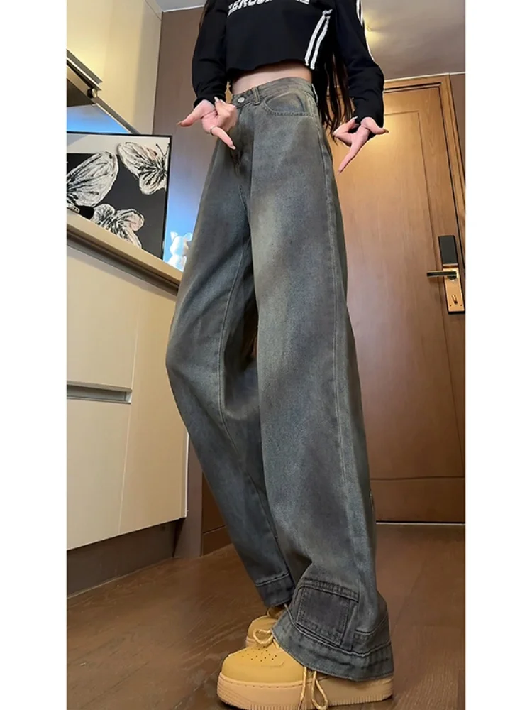 

American Sle Men's Denim Jeans Worn Inverted Wide Leg Pants Autumn Winter New Straight Cut Loose Fit Cleanfit Tied Dye