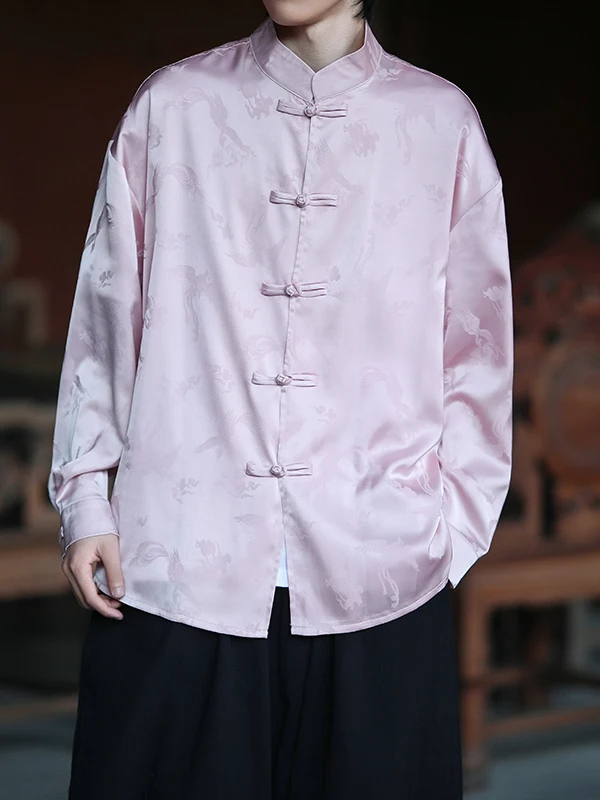 

New Chinese Sle Phoenix Print Men's Long Sve irt Button up Collar Large Size Loose Fit Polyester Casual irt