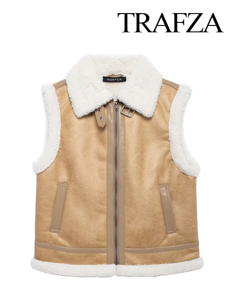 TRAFZA Women Winter Elegant Solid Thickened Turn-down Collar Vest Sleeveless Pocket Jacket Female Comfortable Teddy Velvet Top