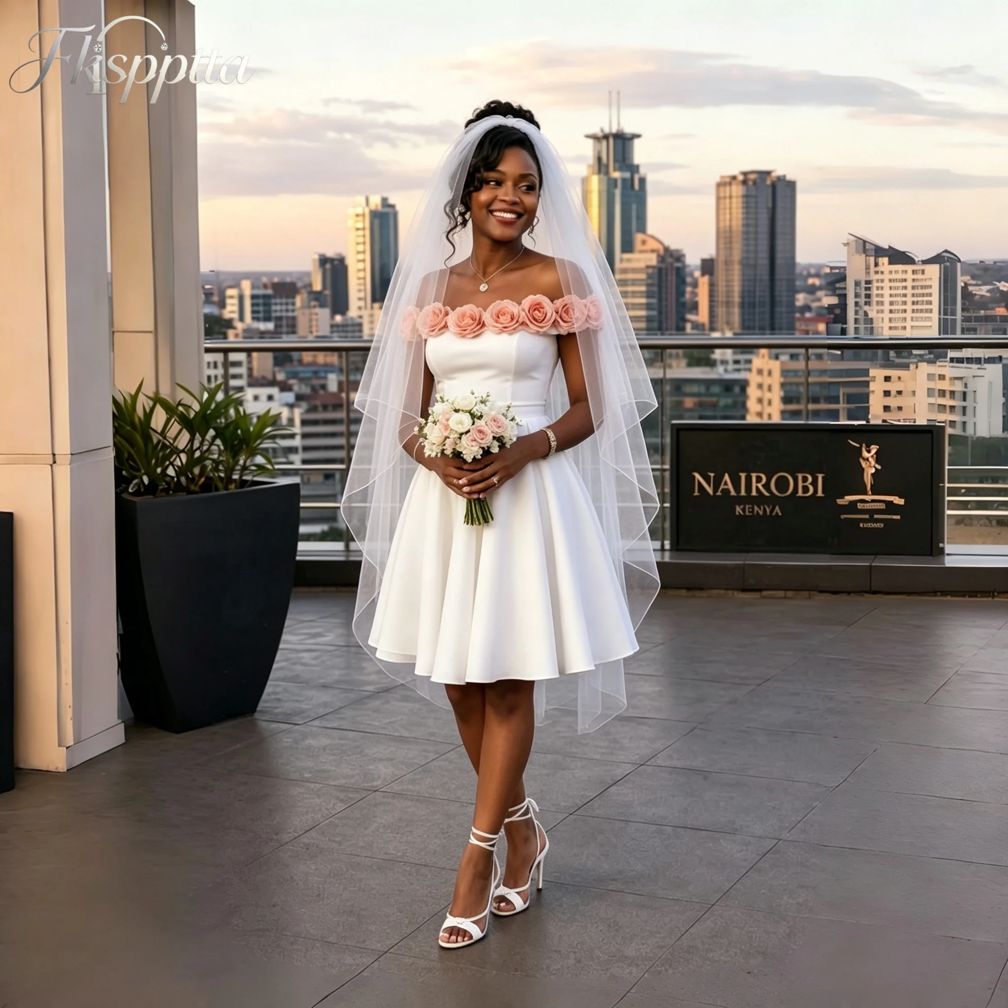 White Short Wedding Dress Off Shoulder 3D Pink Flowers Satin A-line Mini Bridal Gown Lace Up Back Vestido De Noiva