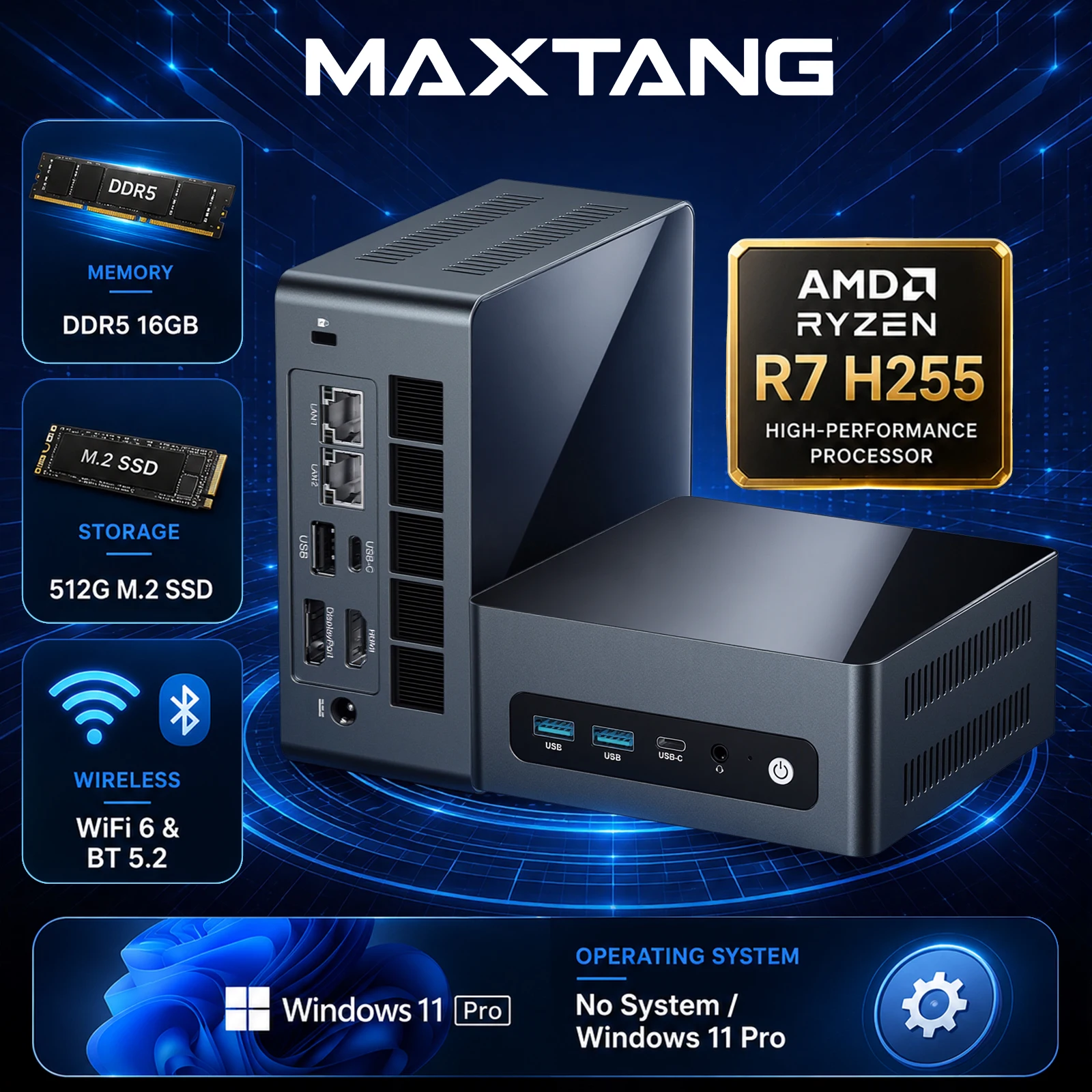 Mini PC para Juegos Maxtang H255, AMD Ryzen7 H 255 (Actualizado 8745HS, hasta 4.9GHz), WiFi6/BT5.2, LAN Dual de 2.5G, USB4, HDMI/DP 2.1, Triple 4K