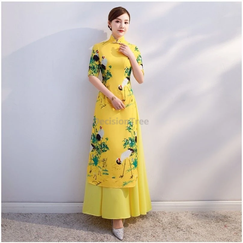 

Новое вьетнамское платье Cheongsam 2021, желтое длинное улучшенное модное сценическое платье Ципао, элегантное темпераментное платье