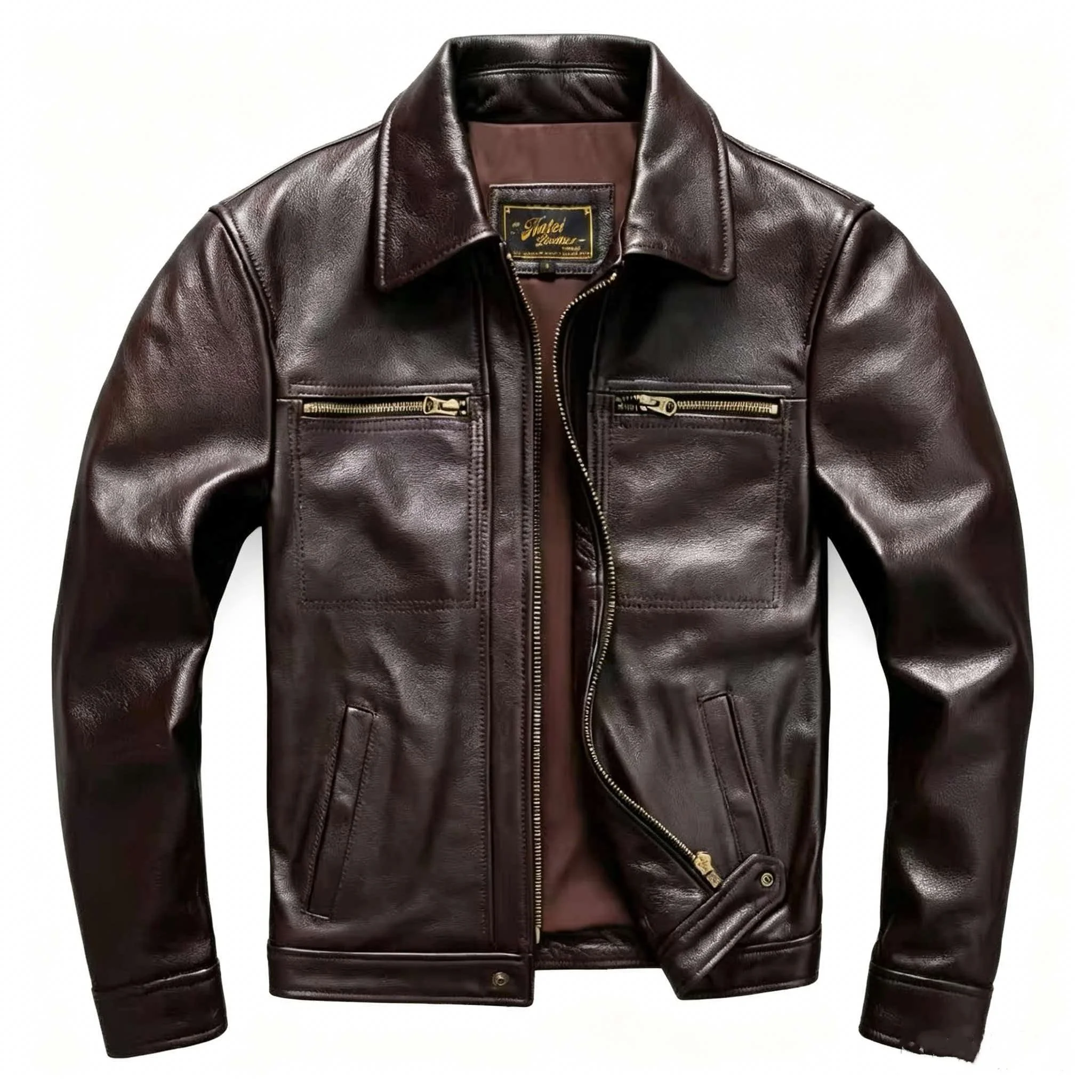 Men's Genuine Cowhide Leather Jacket Brown Oiled Glossy Zip Front With 2 Chest Zip Pockets Slant Pockets Utility Chore Retro