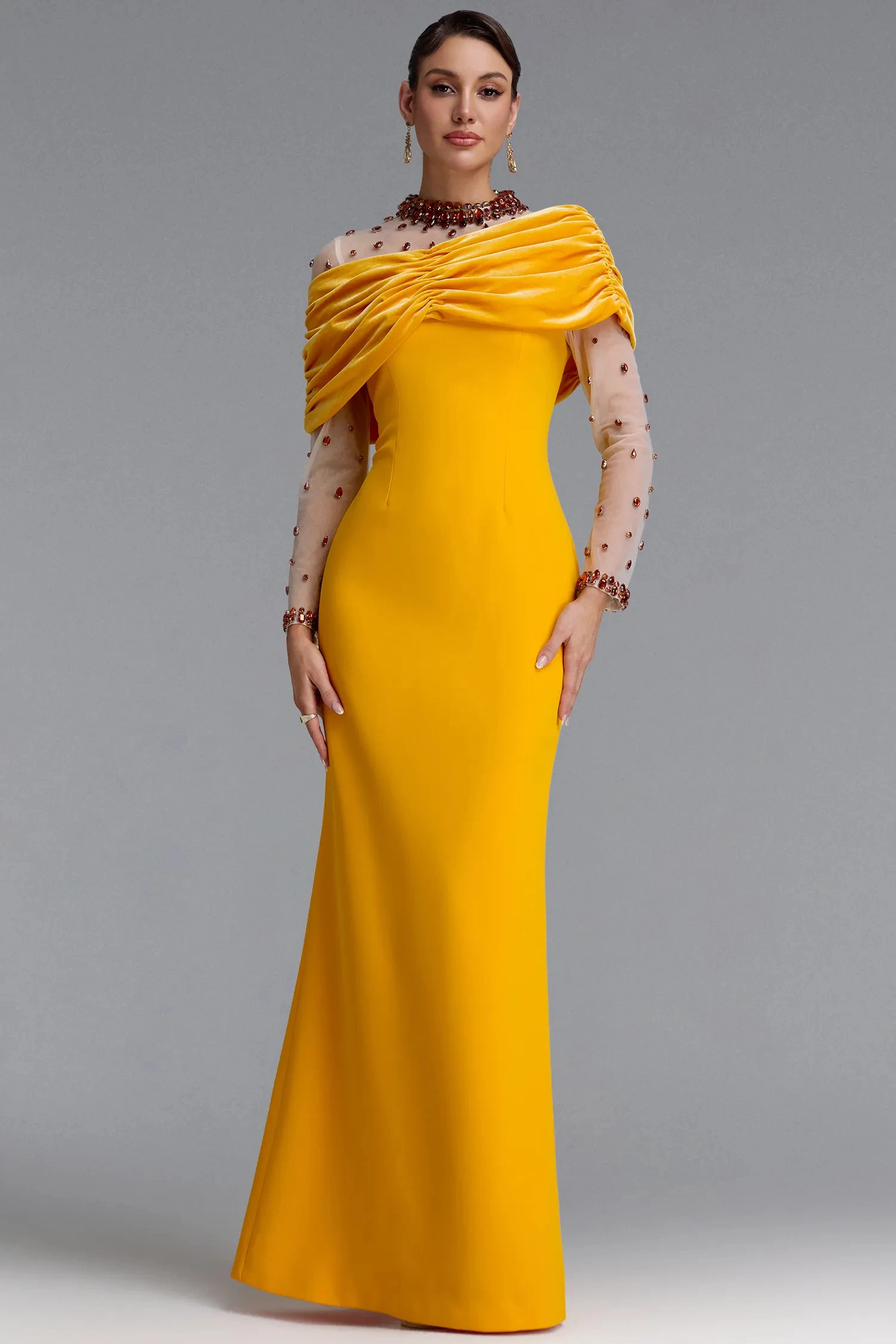 Aunber Light Orange Mermaid Evening Dresses Chest Sheer with Rhinestones Off the Shoulder Back Slit Sweep Train Prom Party Gowns
