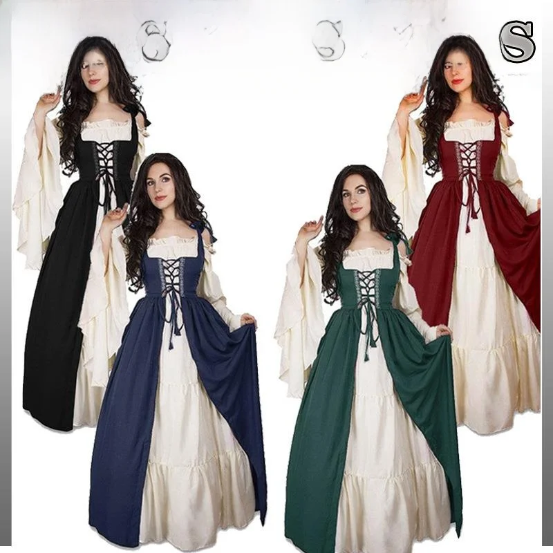 

loween Costume Women's Retro Court Princ Queen Medieval Play Stage Performance Clothing PU Material Floral Pattern