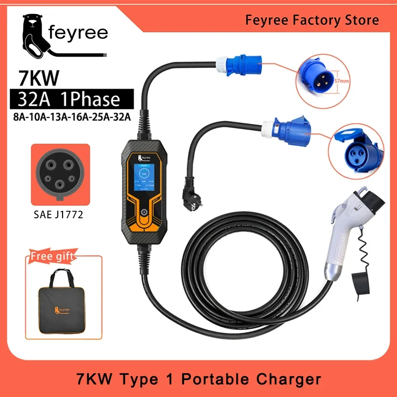 feyree Portable EV Charger Wallbox Type1 j1772 7KW 32A 1Phase with CEE Plug EVSE Charging Box for Electric Car Charger 5m Cable