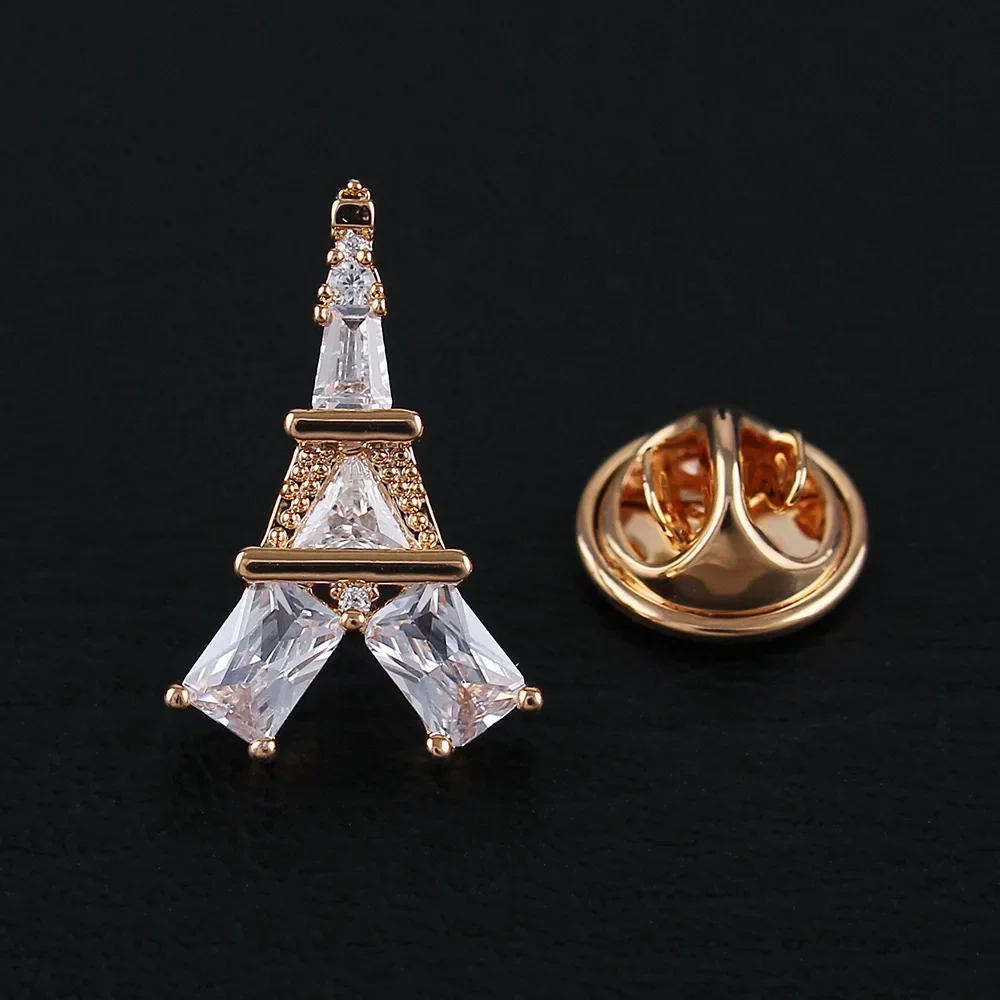 Korean New High-end Zircon Brooch Rhinestone Eiffel Tower Brooches for Men Fashion Suit Shirt Small Collar Pin Jewelry Gifts