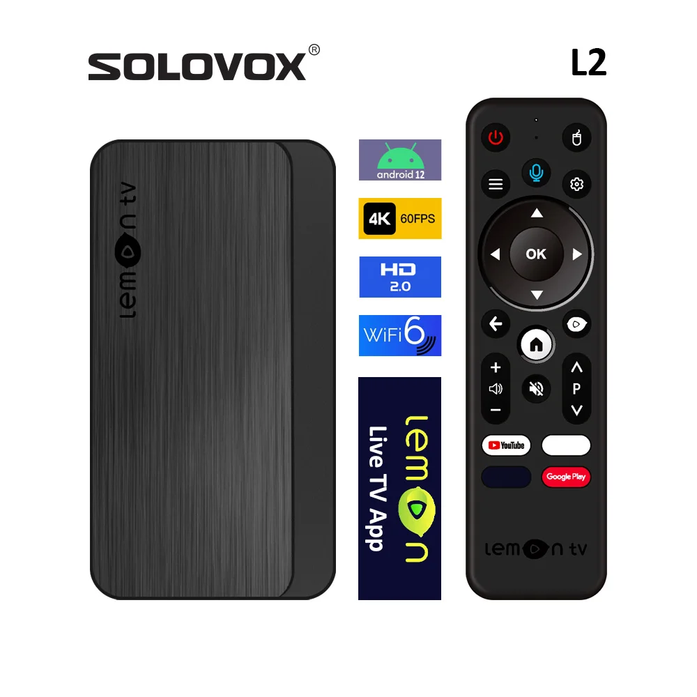 SOLOVOX 2024 L2 Android 12 Smart TV Box يدعم WiFi6 Bluetooth 5 التحكم الصوتي Stalkerid YouTube 4K الأدوات الوسطى LemonTV