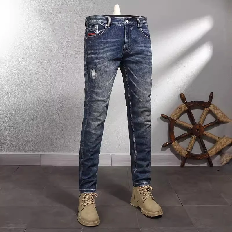 

Italian Style Fashion Men Jeans Retro Blue Stretch Slim Fit Designer Ripped Jeans Men Vintage Casual Denim Pants Hombre