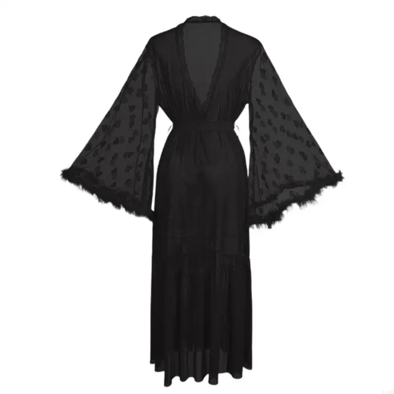 l38e-sheer-mesh-kimono-robe-with-belt-and-lace-trim-for-bridal-women-furry-long-sleeve-lingerie-ruffle-nightgown-sleepwear